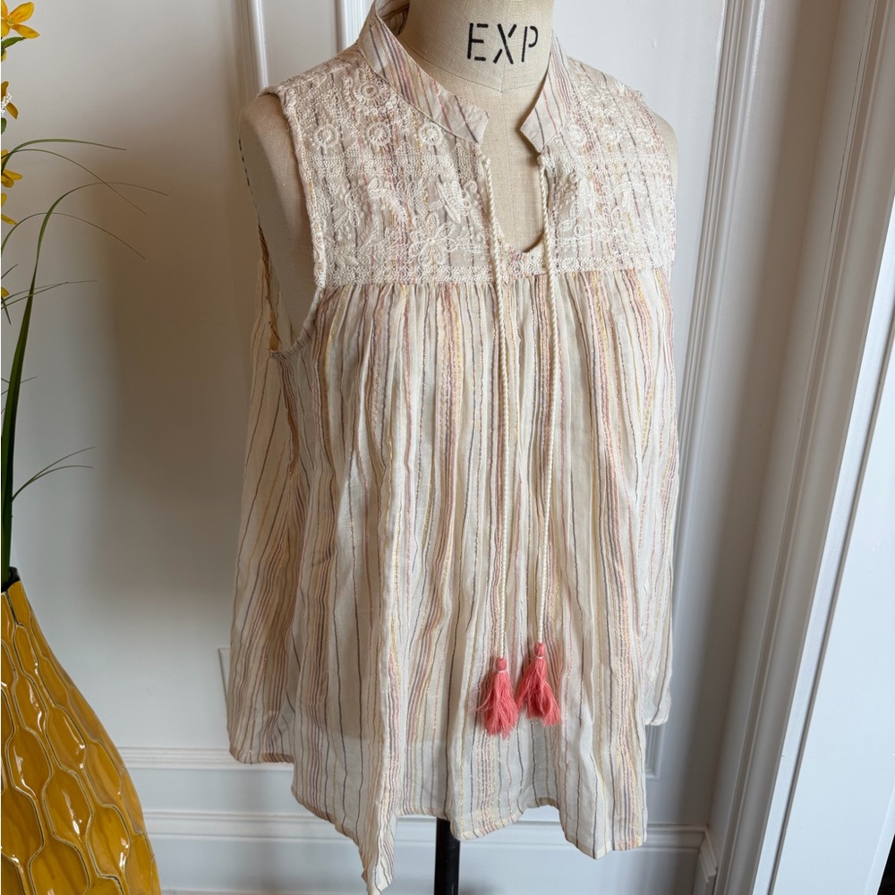 Rachel Zoe NWT Cream Striped Embroidered Yoke Sleeveless with Coral Tassels Top